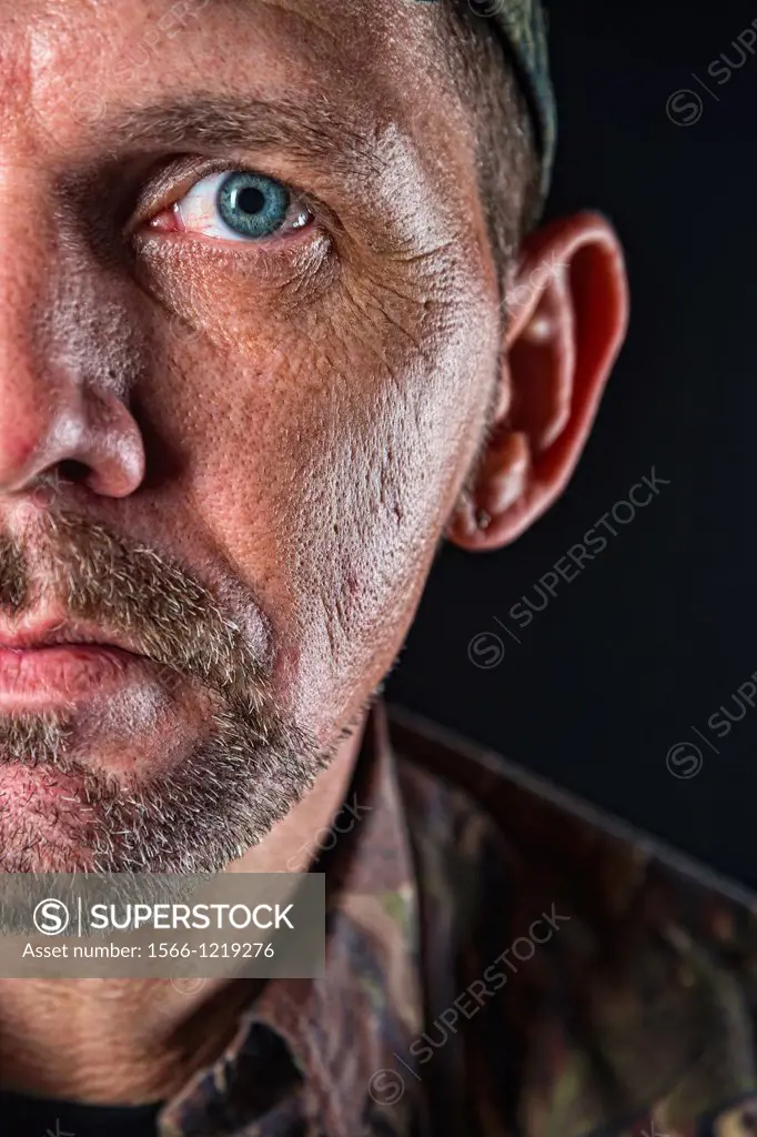 Gritty look, very detailed close up portrait of mature adult, half face, male, 40 years, Caucasian
