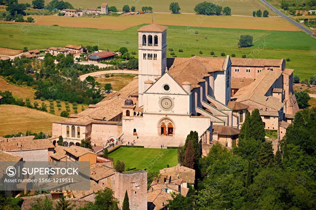 Arial view of the Papal Basilica of St Francis of Assisi,  Basilica Papale di San Francesco  Assisi, Italy
