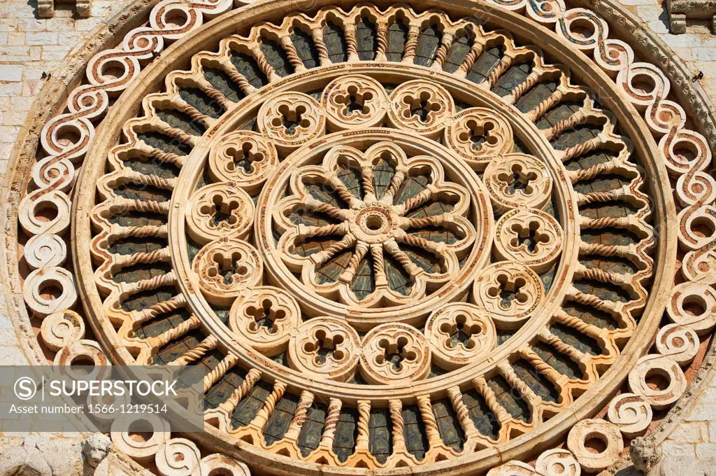 Romanesque Rose window of the Papal Basilica of St Francis of Assisi,  Basilica Papale di San Francesco  Assisi, Italy
