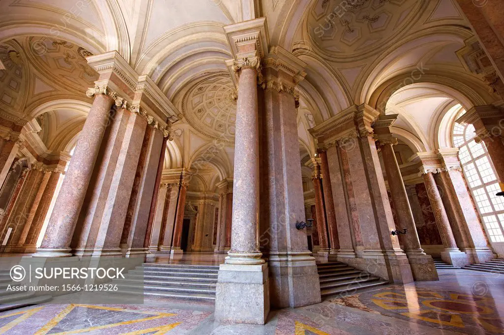 The Baroque Honour Grand Staircase entrance to the Bourbon Kings of Naples Royal Palace of Caserta, Italy