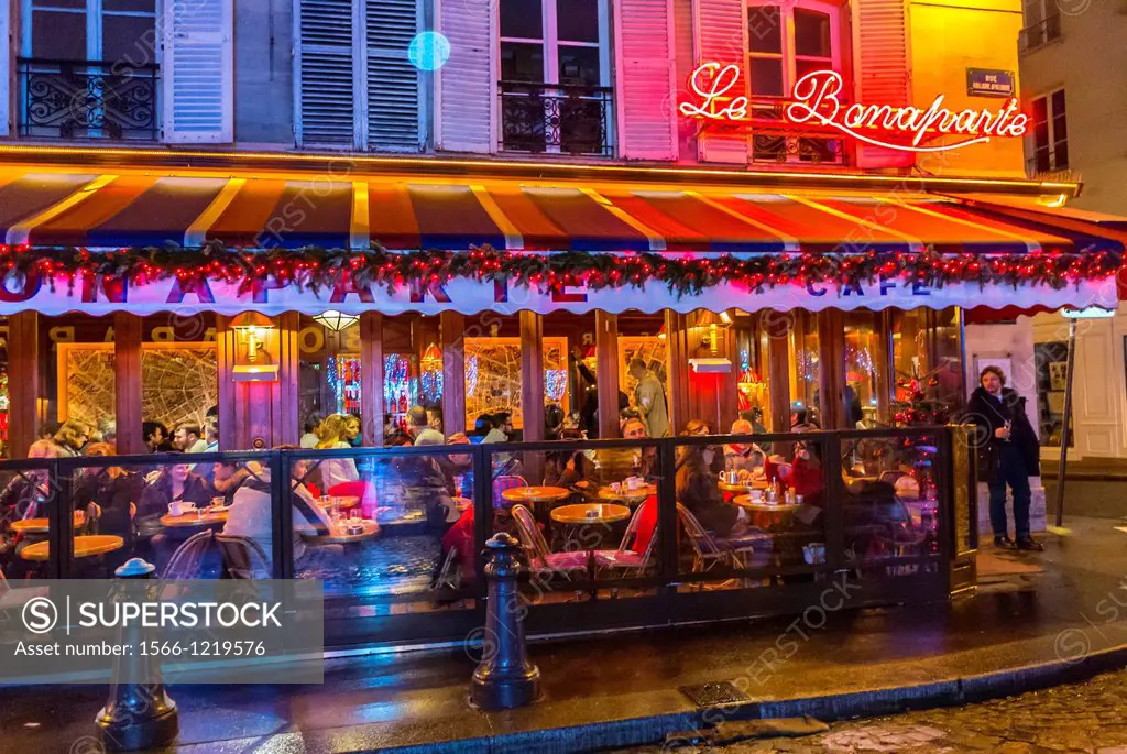 Paris, France, Street Scenes, Parisian Cafe Bistro Restaurant, Le Bonaparte, in Latin Quarter, Saint Germain-des-Prés, at Night