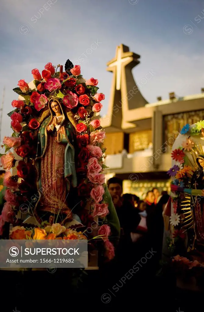 A pilgrim carries an image of the Our Lady of Guadalupe decorated with flowers outside of the Our Lady of Guadalupe Basilica in Mexico City, December ...