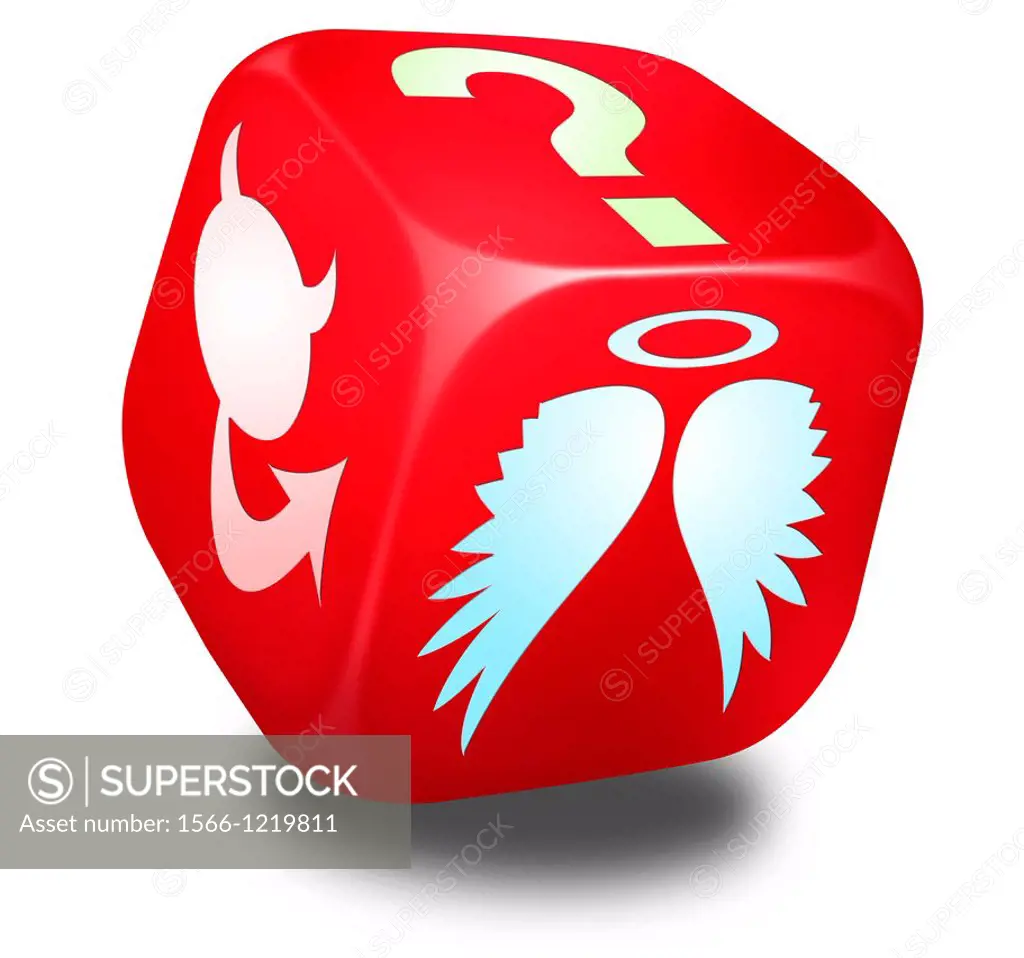 Red dice with symbols representing and Angel, the Devil and a Question mark on its sides - Concept image