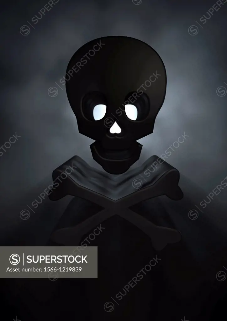 Black Skull and Cross Bones lit from behind on a black background