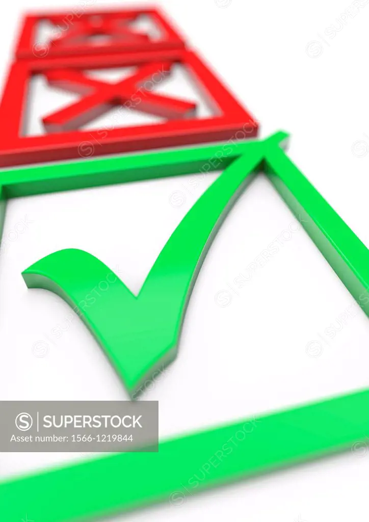 3D render of a filled in Voting slip with two red crosses in the background and a green tick in the foreground - Concept image