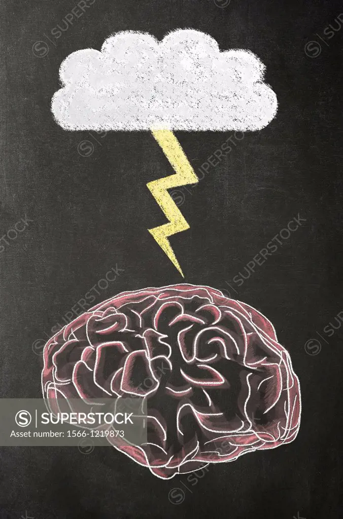 Illustration of a human brain, a cloud and a lightning bolt in chalk on a blackboard  Concept image