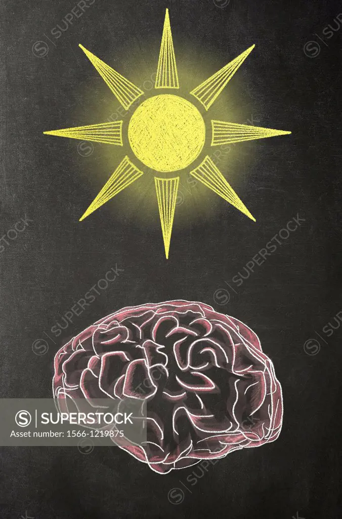 Illustration in chalk of a human brain with a Sun above it on a blackboard