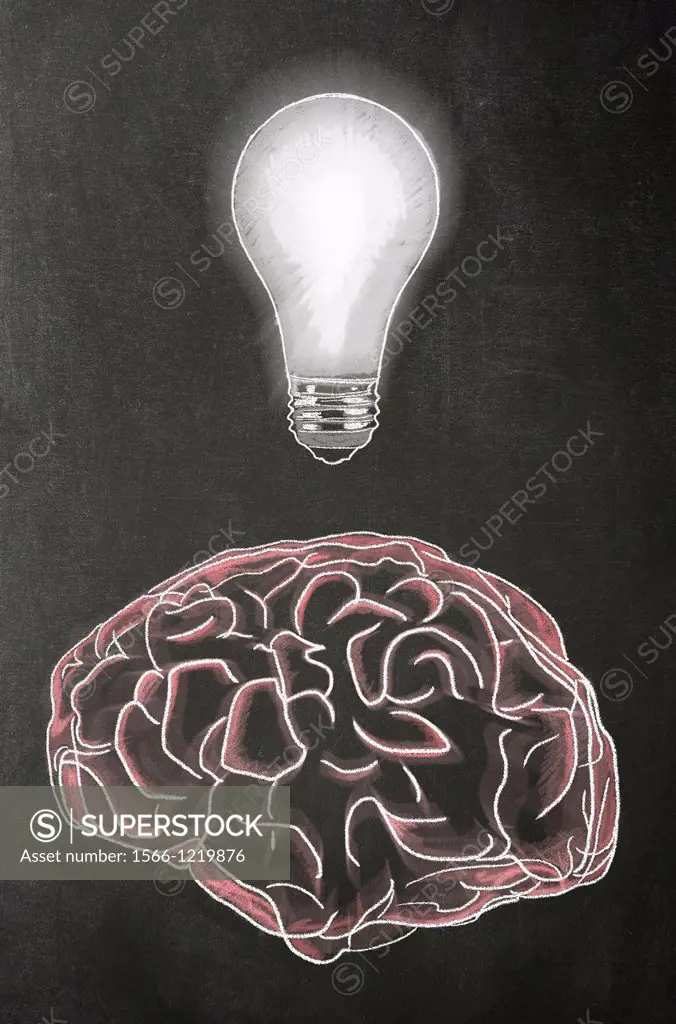 Illustration in chalk of a human brain with a light bulb above it on a blackboard