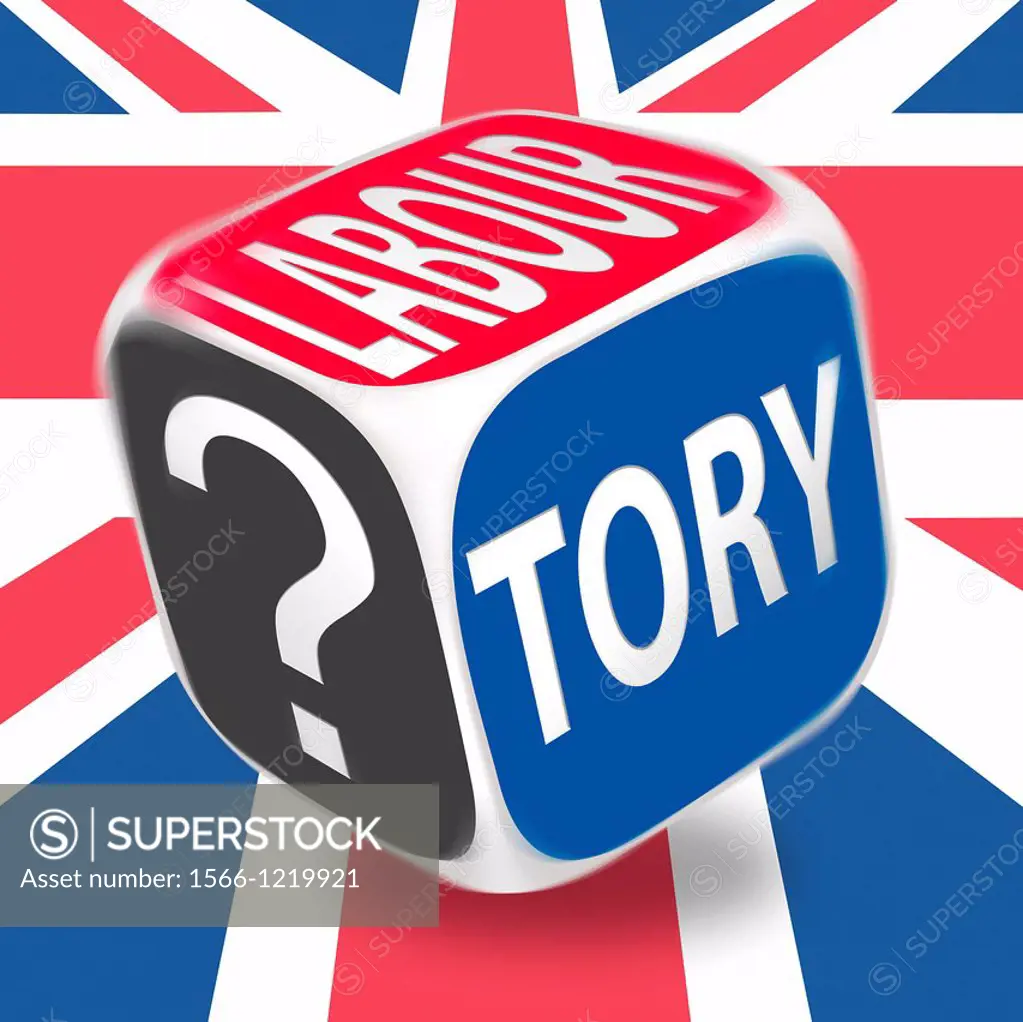 Rolling Dice with the two main political parties of the UK on two sides, Labour and Conservative and a Question mark on the third - On a Union Flag ba...