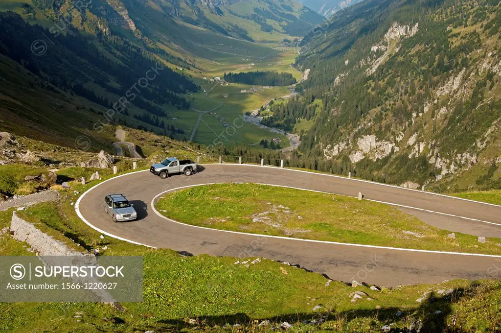Hairpin curve of the Klausen Pass road with view towards Urnerboden in the valley, canton of Uri, Switzerland
