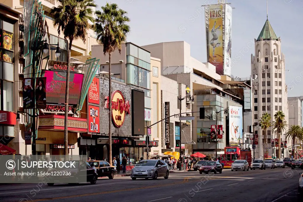 traffic on Hollywood Boulevard with Hard Rock Cafe and First National Bank Building in Hollywood, Los Angeles, California, United States of America, U...