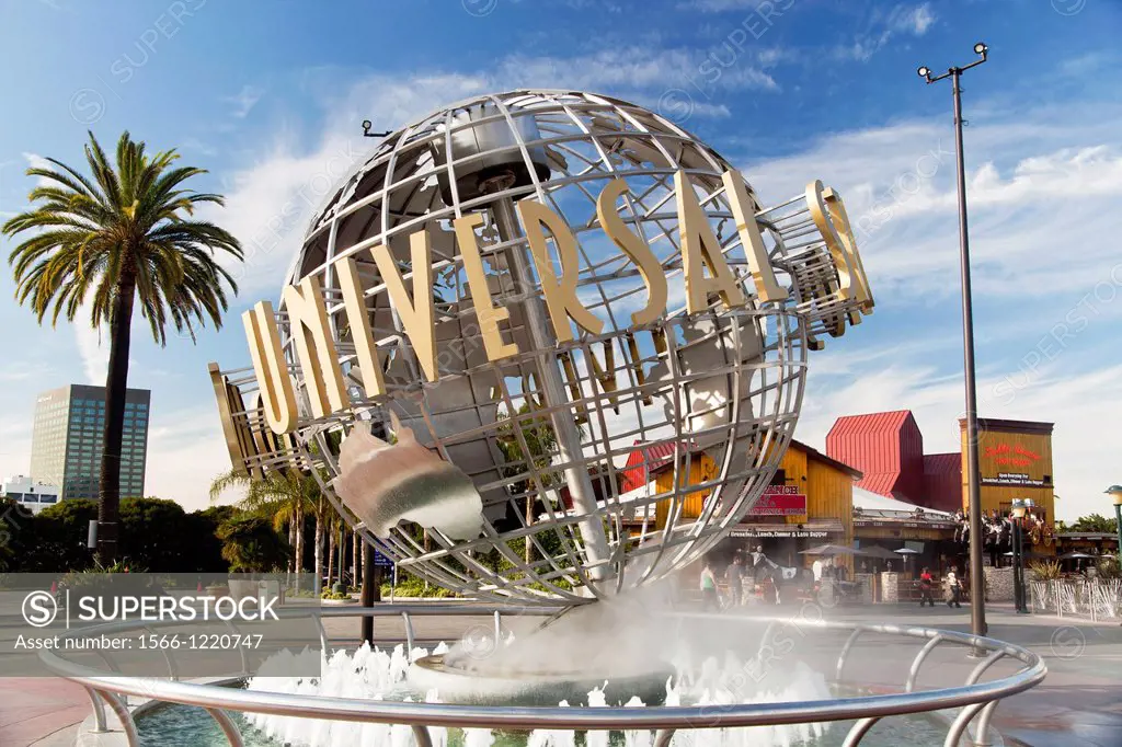 Universal Globe at the entrance to Universal Studios Hollywood, Universal City, Los Angeles, California, United States of America, USA