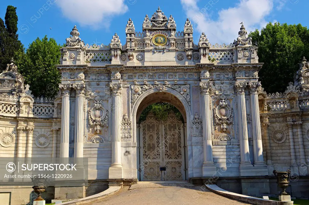 The Ottoman style eceletic mix of Baroque & neo-Classical style Architecture of the gate of the Dolmabahçe Dolmabahce Palace, built by Sultan, Abdülme...