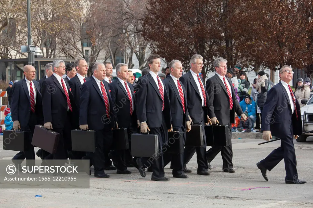 Detroit, Michigan - The Fred Hill Briefcase Drill Team marches in Detroit´s Thanksgiving Day Parade, officially called America´s Thanksgiving Parade.