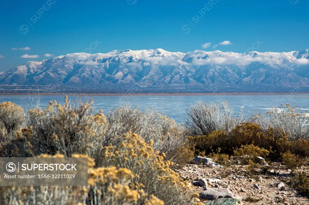 Syracuse, Utah - The Wasatch Mountains from Antelope Island, an island state park in Great Salt Lake.
