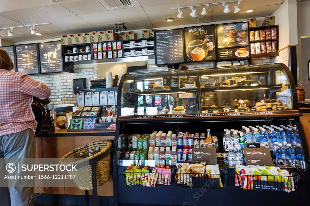 Illinois, Springfield, Starbucks Coffee, cafe, inside, interior, counter, display, case, sale.