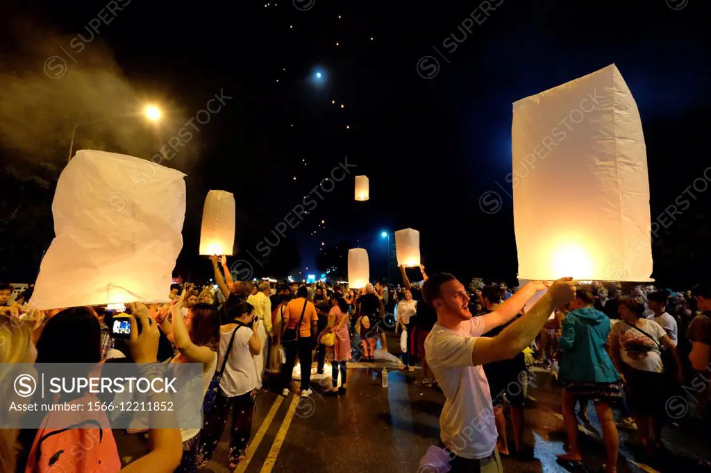 Hot air balloons Loy Krathong festival Nawarat Bridge Chiang Mai Thailand
