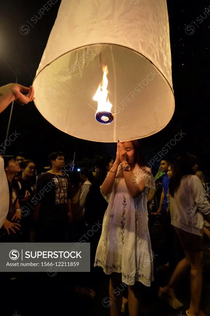 Hot air balloons Loy Krathong festival Nawarat Bridge Chiang Mai Thailand
