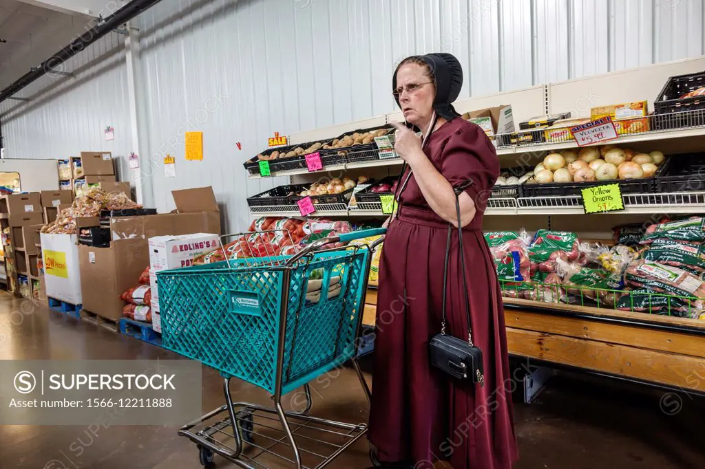 Illinois, Arthur, Beachy´s Bulk Foods, grocery store, supermarket, shopping, Amish, clothing, woman, cart.