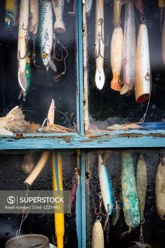 Hooks and lures in a fishing shack window, Menemsha, Chilmark, Martha´s Vineyard, Massachusetts, USA