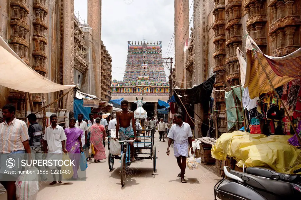 Madurai, India-September 11, 2012  A street in front of the the Sri Meenakshi Hindu Temple where many parishioners and pilgrims visit every