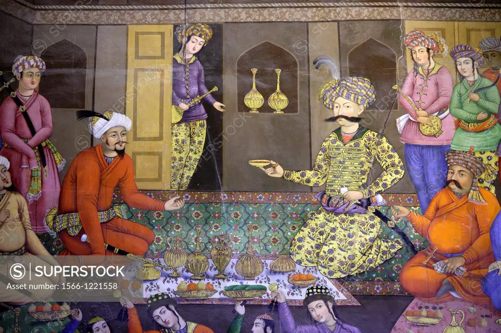 Fresco at Chehel Sotoun palace showing the reception assembly of Shah Abbas for Vali Mohammad Khan, Isfahan, Iran