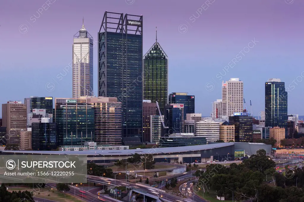 Australia, Western Australia, Perth, city skyline from Kings Park, dusk.