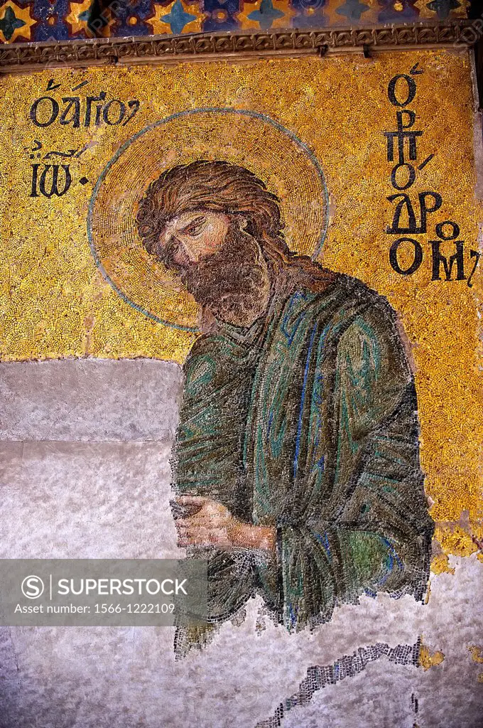 Byzantine Entreaty mosaic, 1261, in which John The Baptist, both shown in three-quarters profile, are imploring the intercession of Christ Pantocrator...