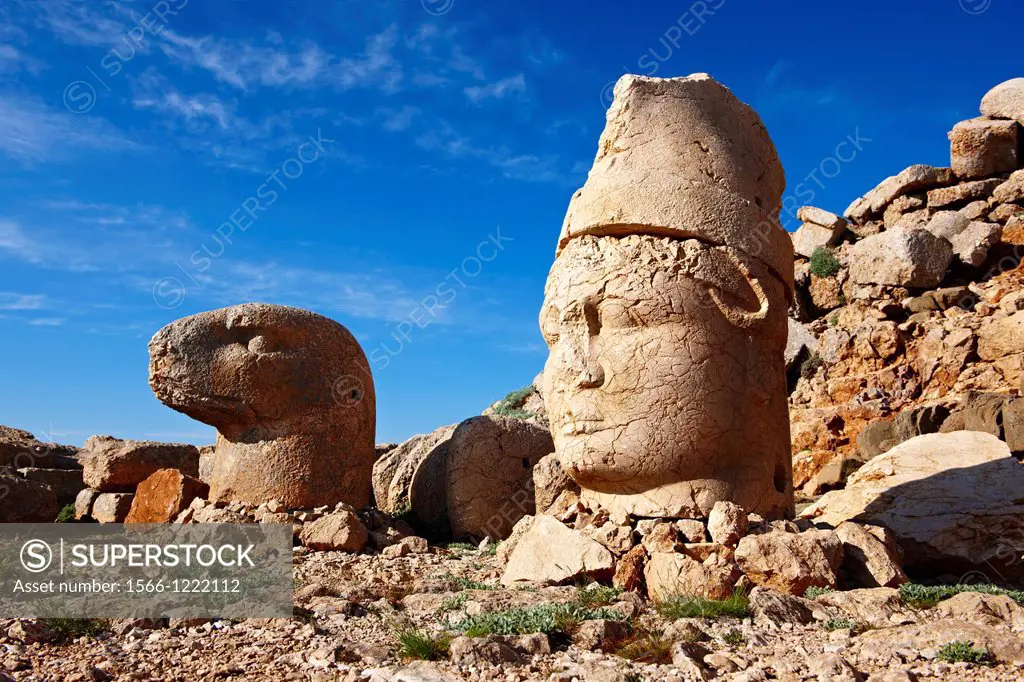 Pictures of the statues of around the tomb of Commagene King Antochus 1 on the top of Mount Nemrut, Turkey