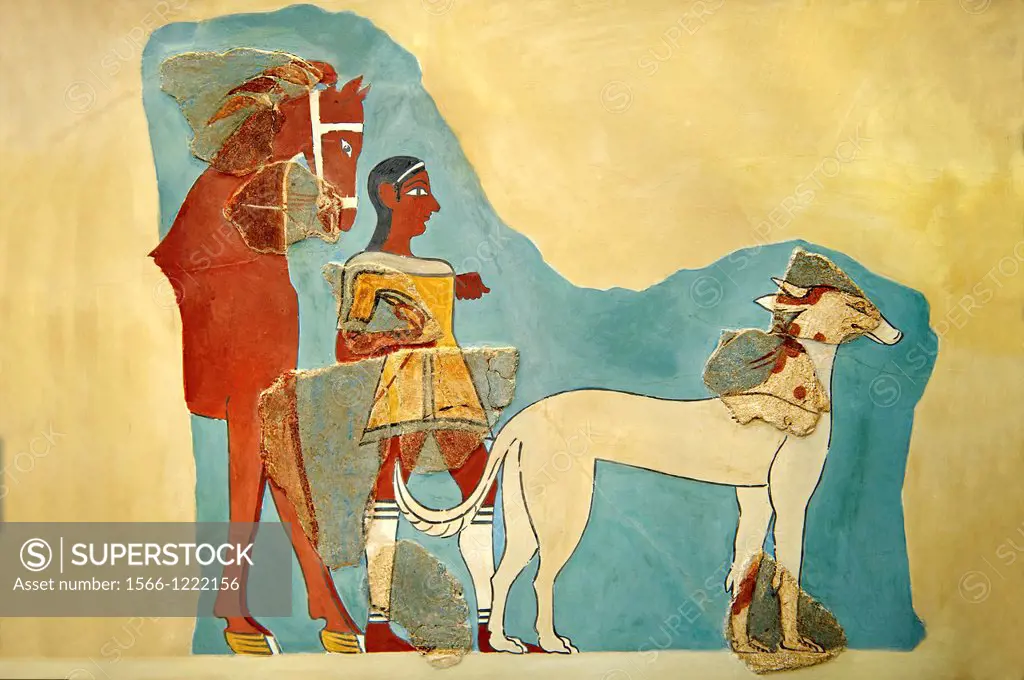 Mycenaean Fresco wall painting of a Mycanaean with horse & wild boar hunting dog from the Tiryns, Greece  14th - 13th Century BC  Athens Archaeologica...