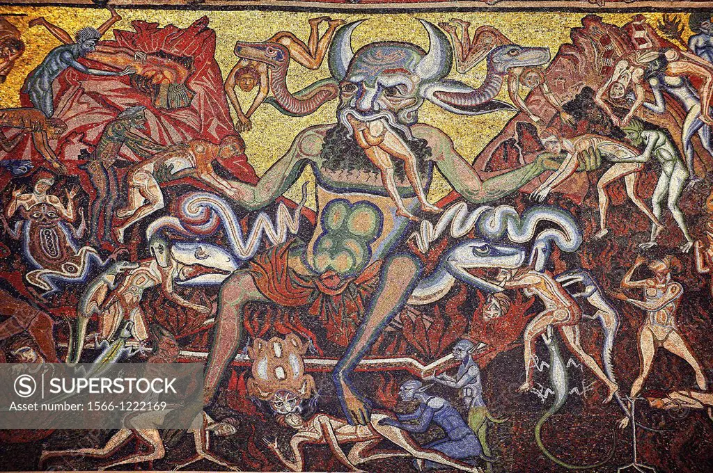 The Medieval mosaics of the ceiling of The Baptistry of Florence Duomo  Battistero di San Giovanni  showing the Devil in scenes from the Last Judgemen...