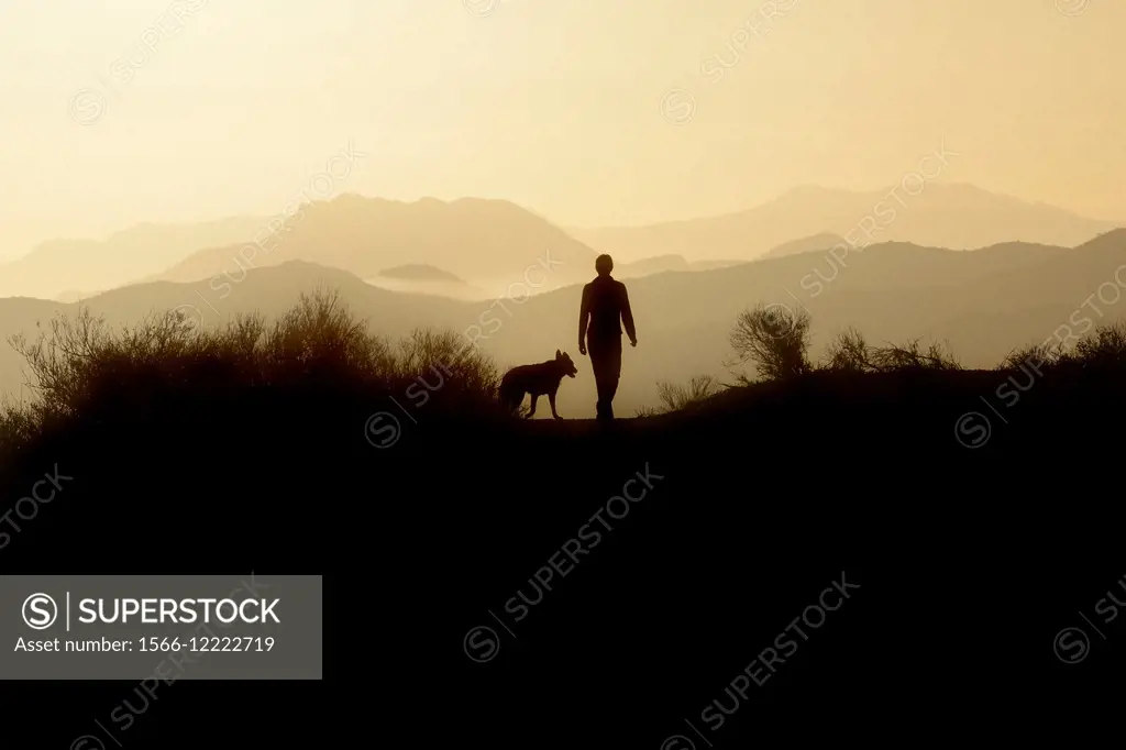 Woman and dog early morning in field, Thousand Oaks, California, USA