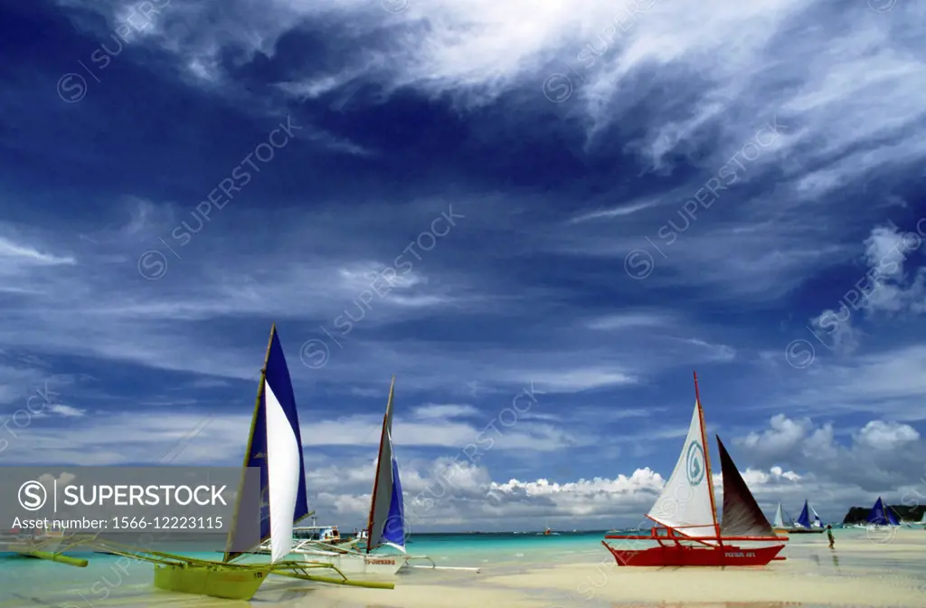 Philippines. Boracay Island Philippines. Sail boats on beach Boracay, The Visayas, Philippines. Bankas on white sand. White beach. Boracay. Boracay is...