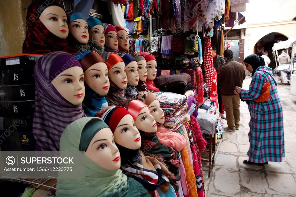 North Africa, Morocco, City of Fez (Fes), Medina, veils for elegant moslme ladies.