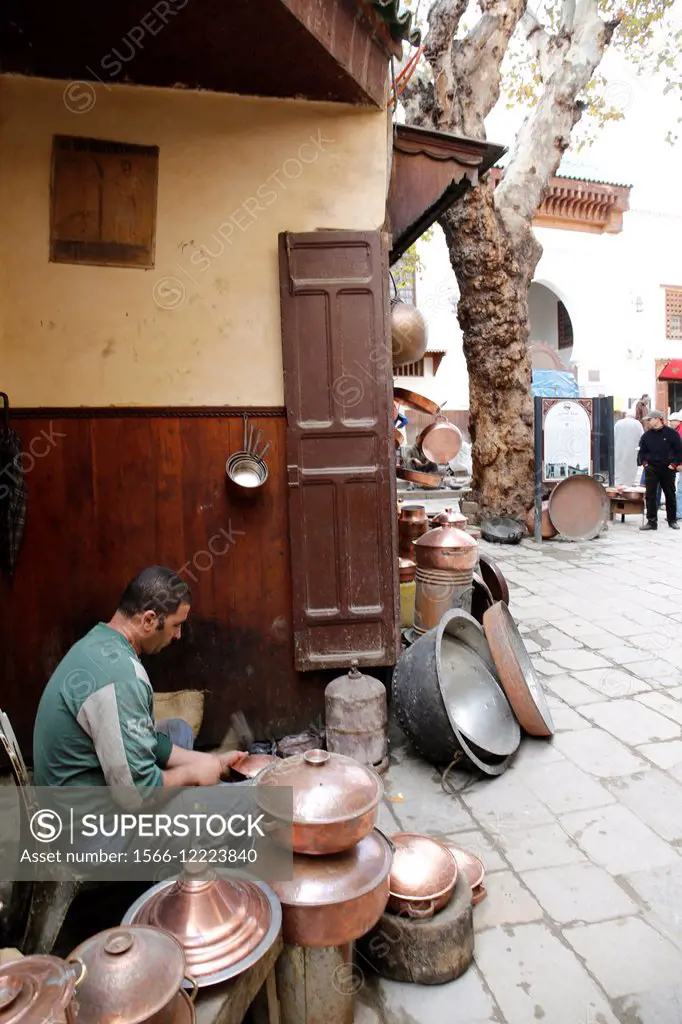North Africa, Morocco, City of Fez (Fes), Medina, dinandiers aera (copper sheet metal craftsmen).
