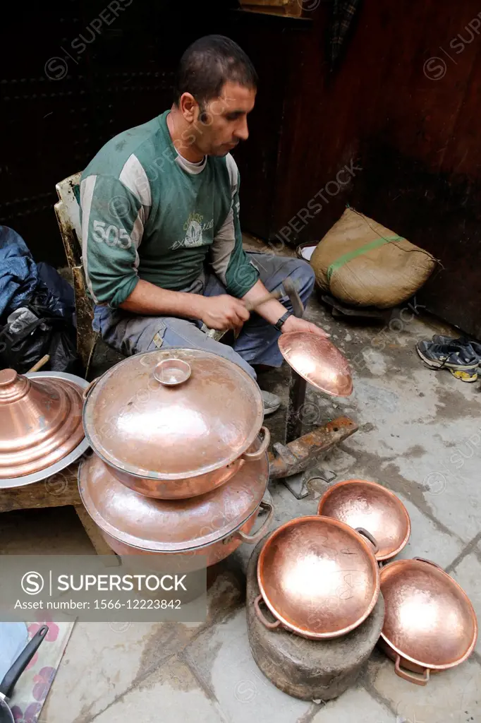 North Africa, Morocco, City of Fez (Fes), Medina, dinandiers aera (copper sheet metal craftsmen).