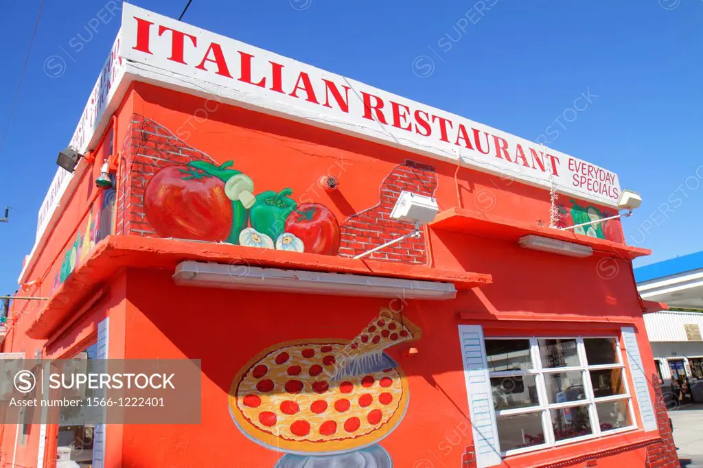 Florida, Florida Keys, Upper Matecombe Key, Islamorada, US Route 1 One, Overseas Highway, Tower of Pizza Italian Restaurant, restaurant, front, entran...