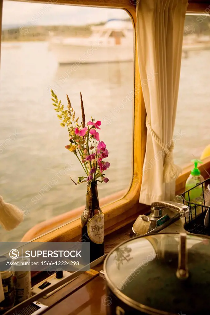 Flwer vase on boat, Lopez Island, San Juan Islands, Washington State