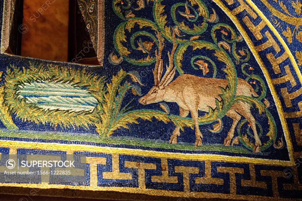 Italy, Emilia Romagna, Ravenna, Galla Placidia Mausoleum, Mosaic with Stag Motif