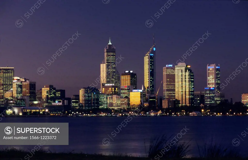 Perth city skyline on Swan River with Central Business District, viewed from Sir James Mitchell Park, Western Australia