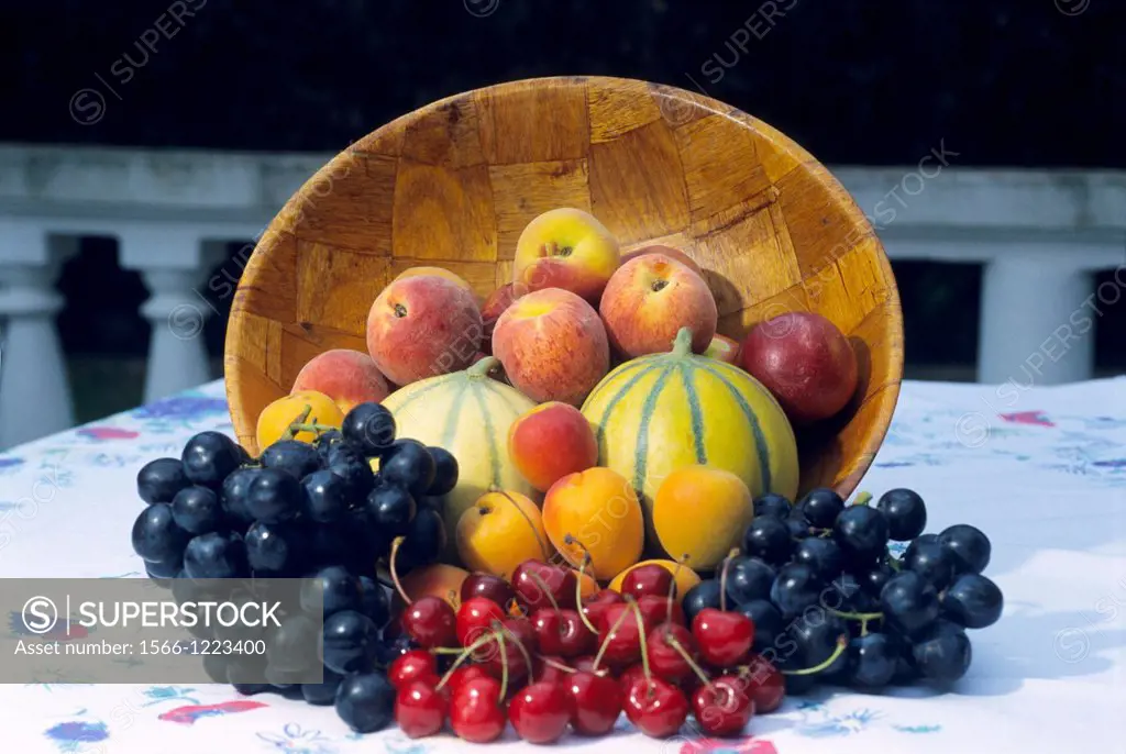 Arrangement of spring fruits, Fruits of summertime, south of France, Europe