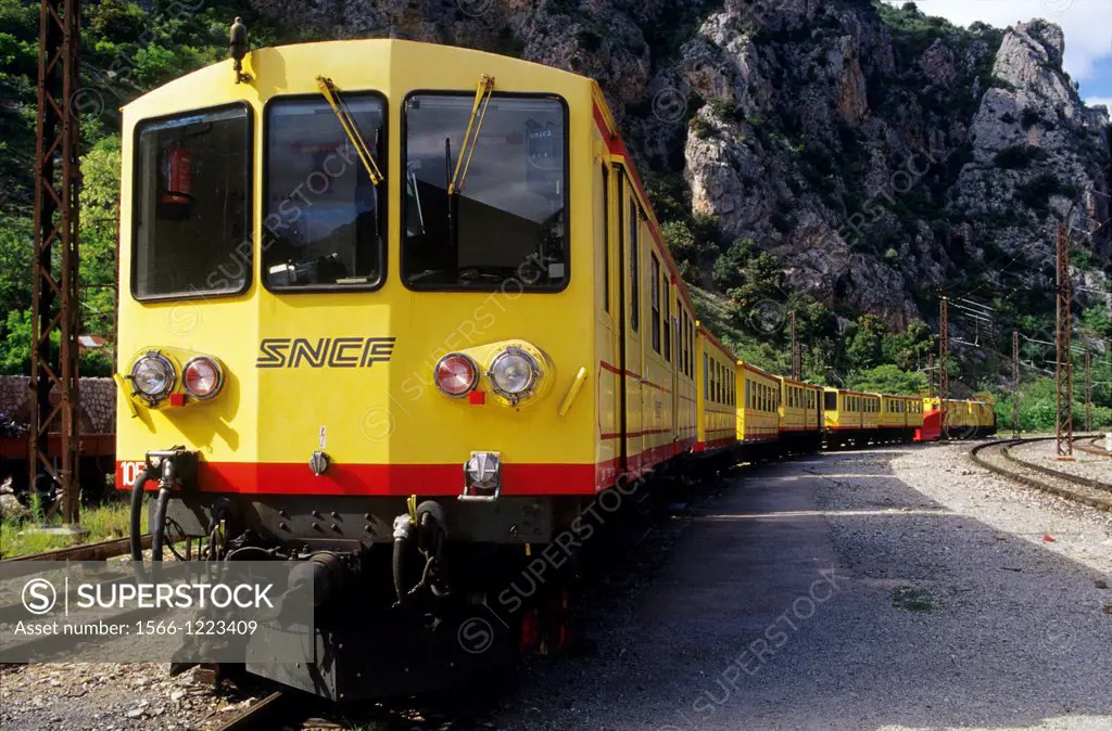 Touristic yellow train, Villefranche de Conflent, Eastern Pyrenees, Languedoc-Roussillon, France