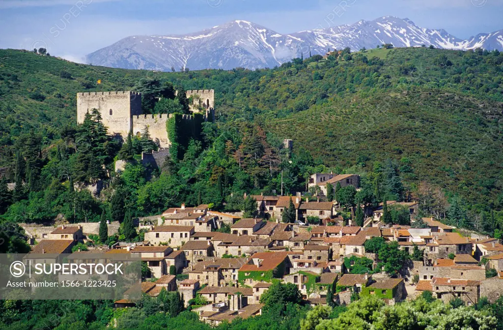Village of Castelnou and back Canigou peak, Eastern Pyrenees, Languedoc-Roussillon, France