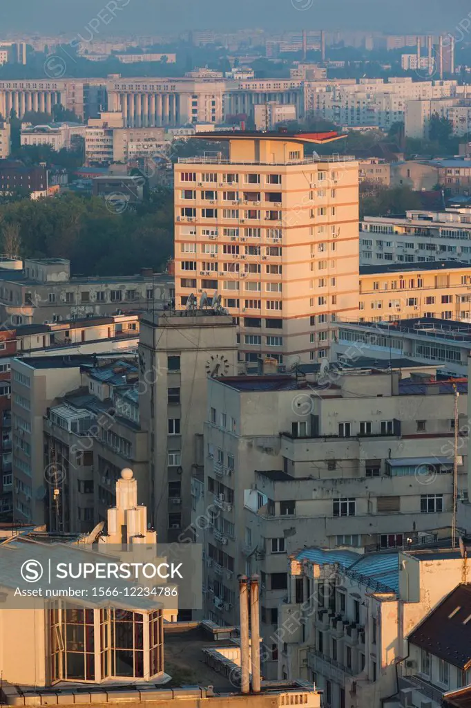 Romania, Bucharest, Central Bucharest, elevated view, dawn.