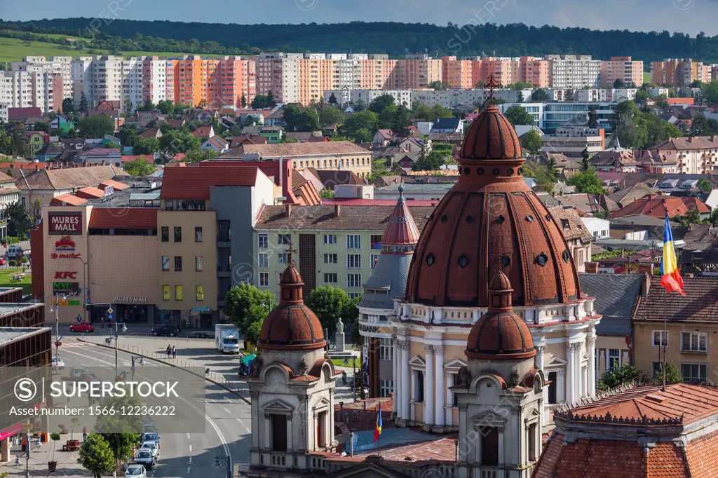 Romania, Transylvania, Targu Mures, elevated view of the Greco-Catholic Cathedral.