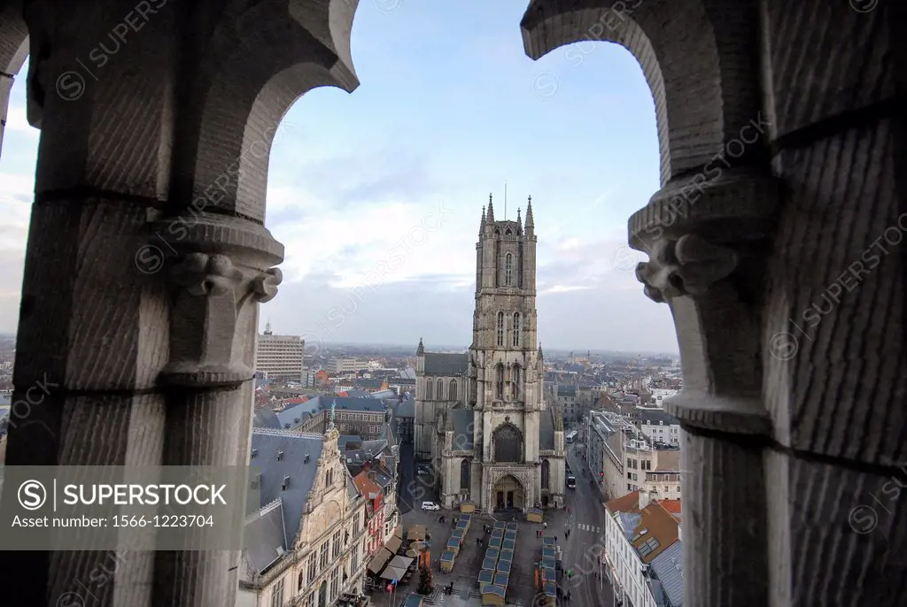 A view from Belfort at the historical Saint Baafs-church in the centre of Gent, Belgium