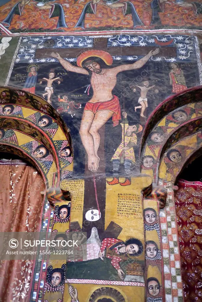 Ethiopia. Religious murals attributed to the 17th-century artist Haile Meskel, depicting Crucifixion, Debre Berhan Selassie Church, Gonder