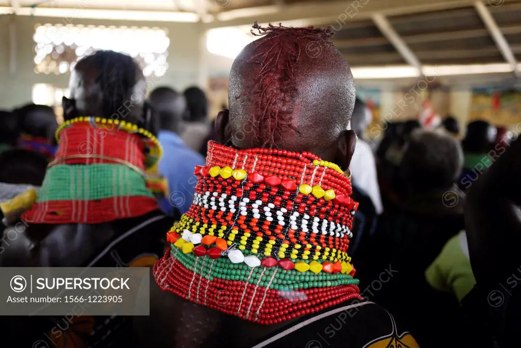 Kenya. Details of Turkana beading and hairstyle, during a confirmation ceremony at Lorugumu, Turkana.