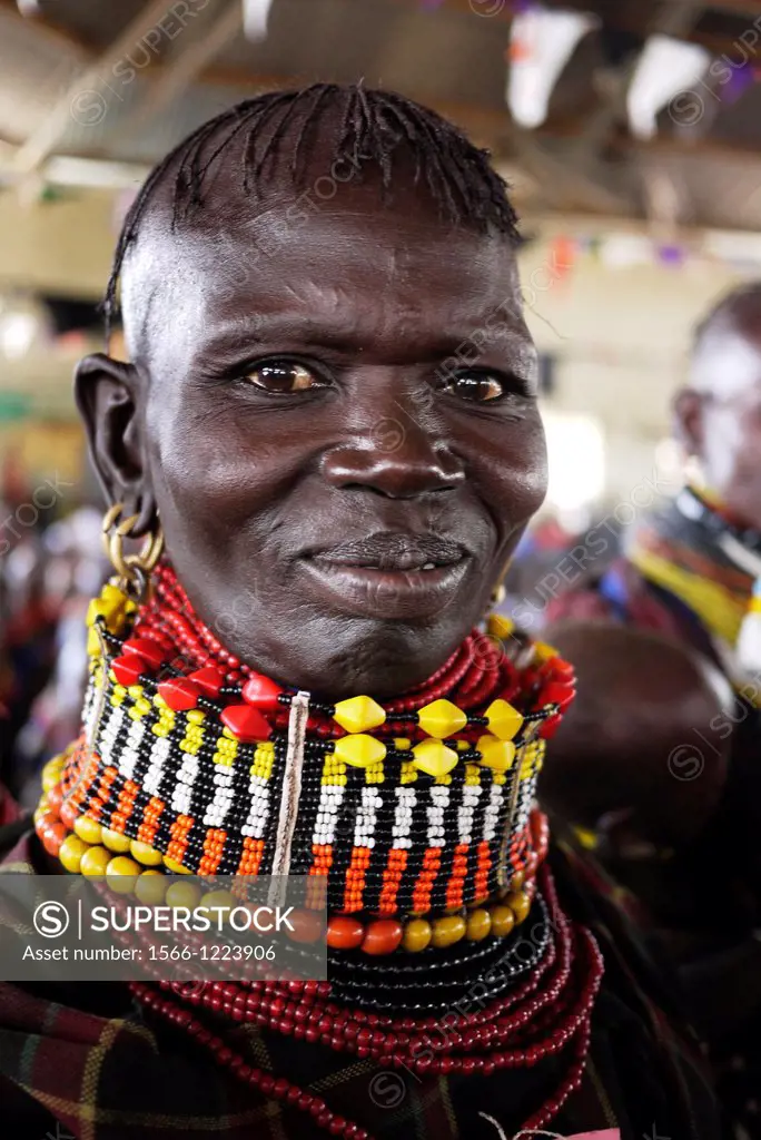 Kenya. Details of Turkana beading and hairstyle, during a confirmation ceremony at Lorugumu, Turkana.