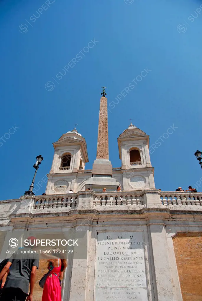 Chiesa of the Santissima Trinita Dei Monti on top of the MOnte Pincio, at the end of the Spanish steps from Piazza di Spagna  In the center, the Obeli...